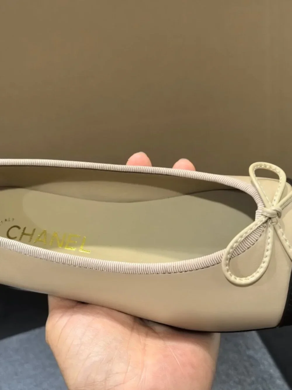 CHANEL Beige Lambskin Cap Toe Ballerina Flats